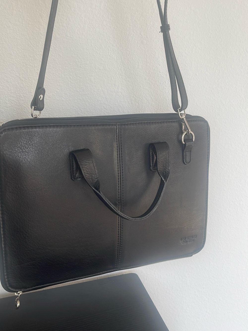 Black Leather Laptop Briefcase with Detachable Shoulder Strap
